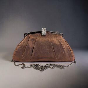 Brown Metallic Pleated Evening Clutch Rhinestone Clasp Gunmetal Crossbody Chain